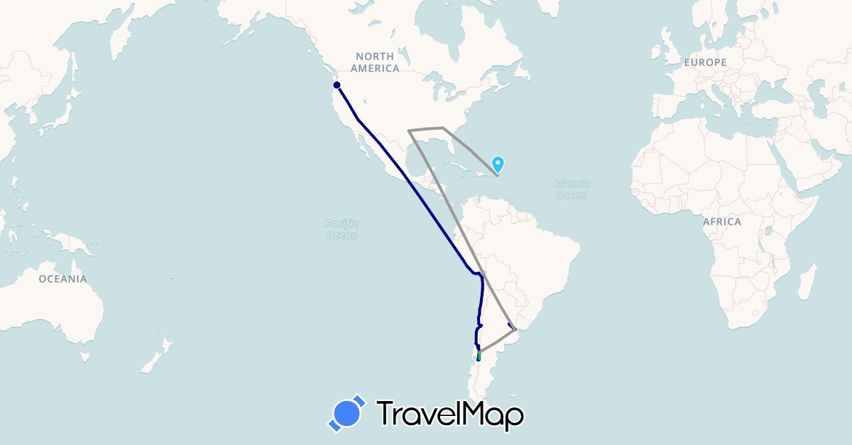 TravelMap itinerary: driving, bus, plane, boat in Argentina, Chile, Mexico, Peru, United States, British Virgin Islands, U.S. Virgin Islands (North America, South America)